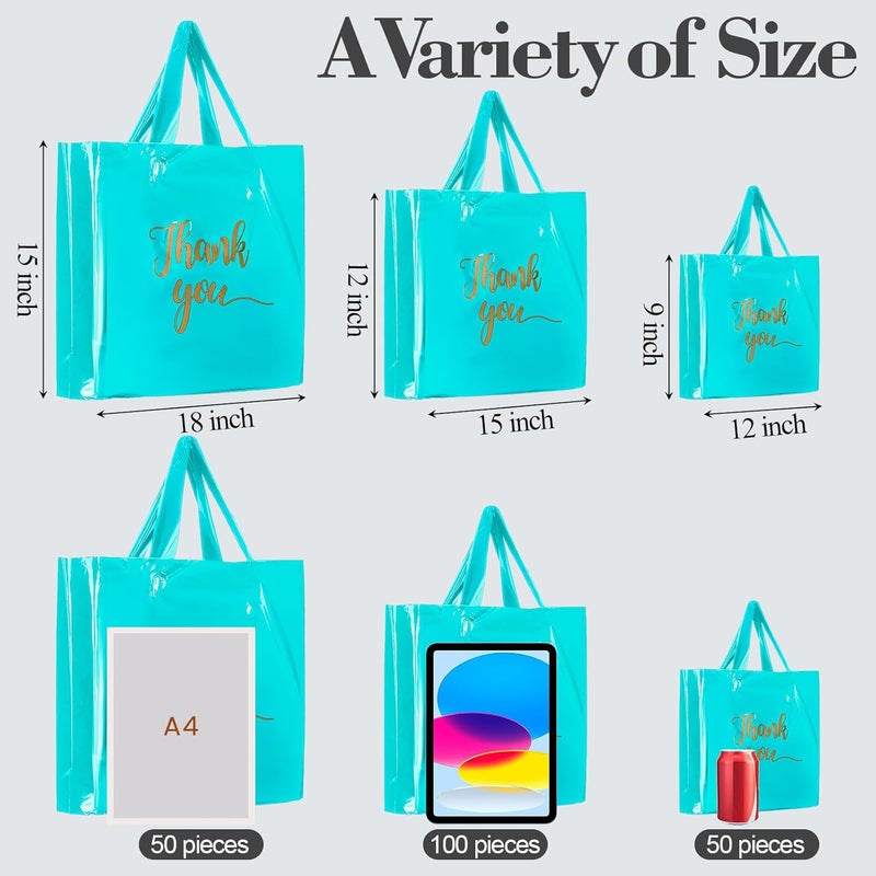 Teling 200 Pcs Thanks Bags with Handle Bulk Thank You Merchandise Bags 3 Size Plastic Packet Retail Shopping Package for Boutique 9 x 12'', 12 x 15'', 15 x 18''(Sky Blue) - Image 3